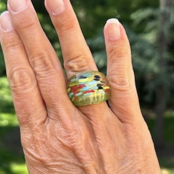 HAND BLOWN GLASS Green Multi Color Abstract Design RING - Picture 4 of 10